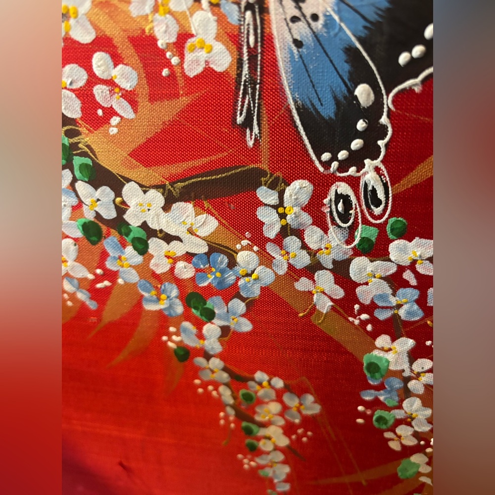 Vintage Hand-Painted Asian Silk Butterfly Artwork in Bamboo Laced Frame | 18x13 - Picture 7 of 16